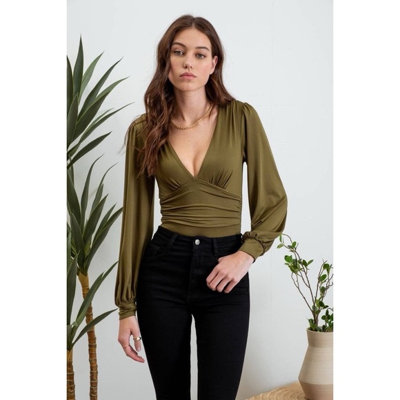Blu Pepper Tops - Deep V Neck Long Sleeve Bodysuit